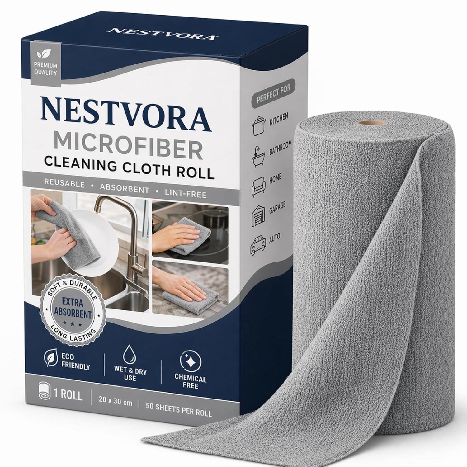 NESTVORA Microfiber Cleaning Cloth Roll – 50 Sheets Tear-Away Reusable Cloths, Ultra Absorbent Multipurpose Cleaning Towels, 5000 Times Washable Lint-Free Cloth for Kitchen, Car, & Home Cleaning