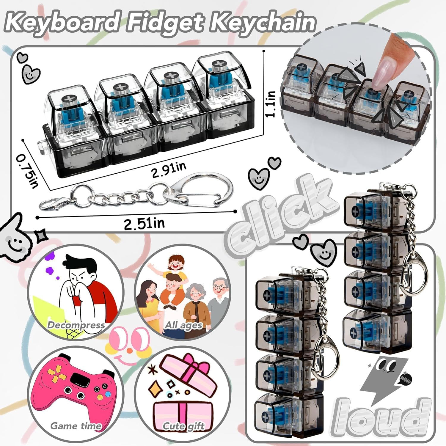 UCRAVO Mechanical Switch Fidget Keychain Clicky Stress Relief Toy with Tactile Keyboard Switch Button | Anxiety Relief Desk Toy for Adults Kids Portable EDC Keyring Gadget for Office Study Gaming Toy