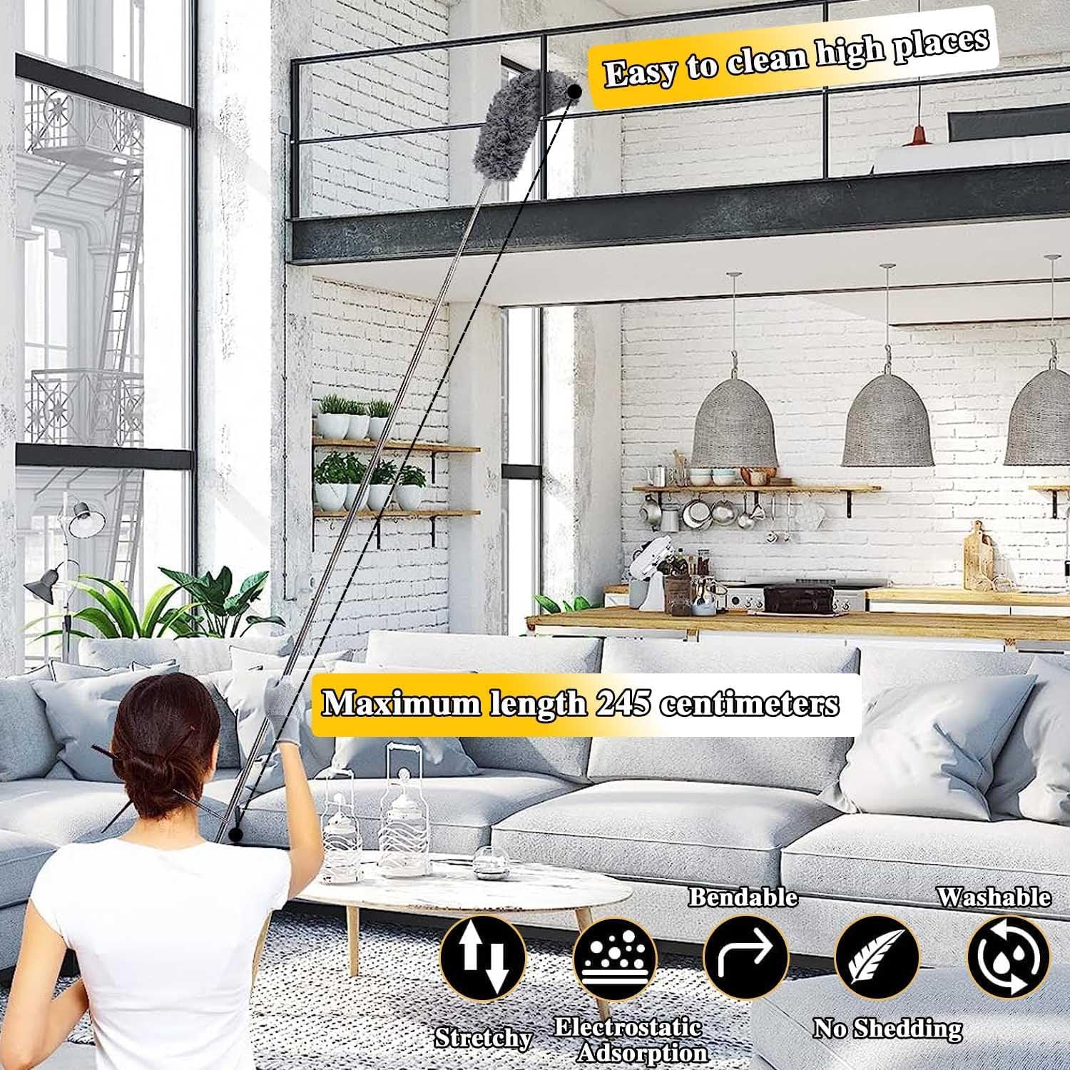 UCRAVO 3 in 1 Microfiber Feather Duster Set with 100 Inch Extendable Pole | 4 PCS Bendable Washable Fan Cleaning Brush for Ceiling Fans, High Ceilings, Cobwebs, Furniture, Walls & Home Dusting