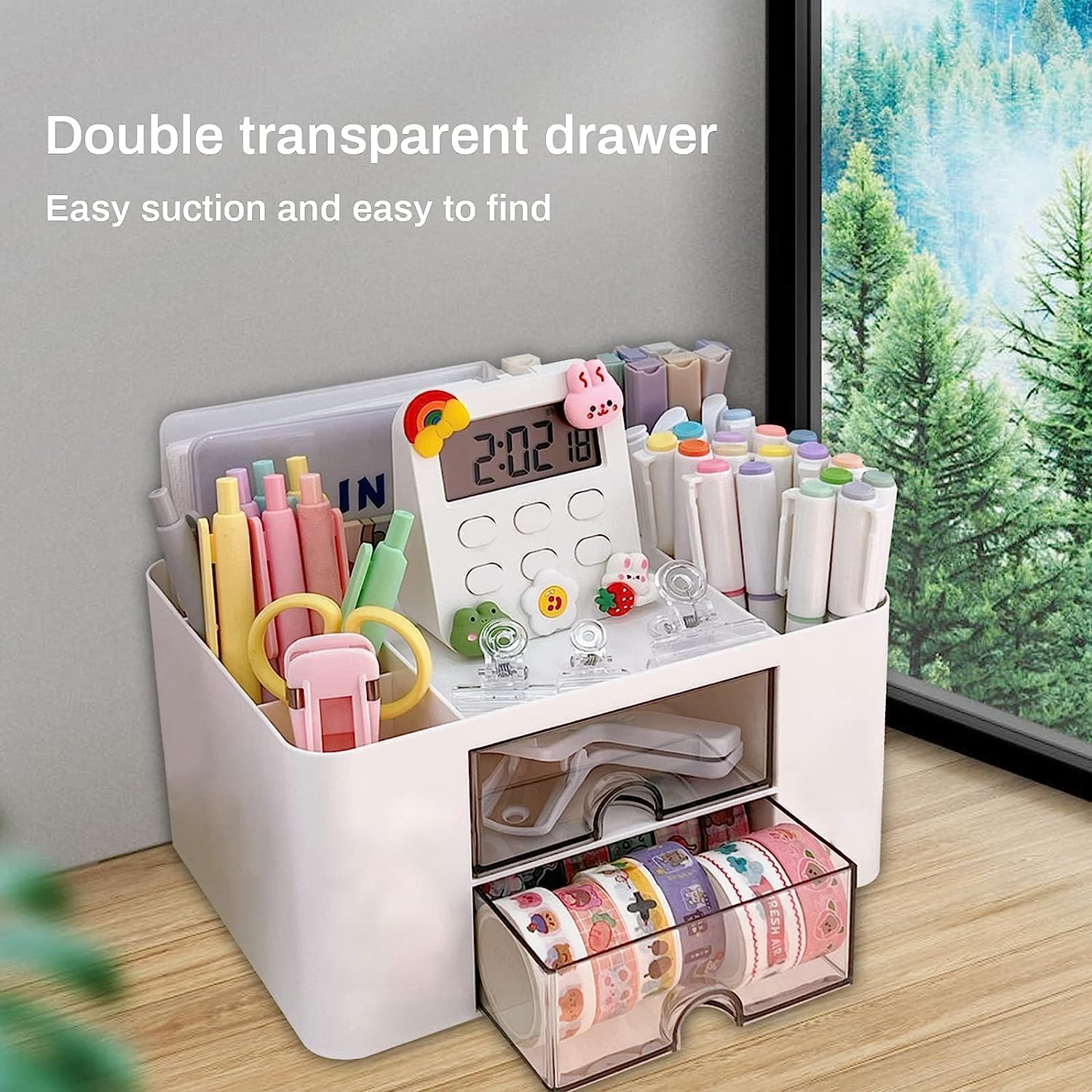 UCRAVO Stylish Stackable Desk Organizer with 2 Drawers and 5 Compartments– Multi-Functional Desktop Storage Box with Pen Holder for Home, Office, School, Craft Supplies, and Art Stationery - Blue