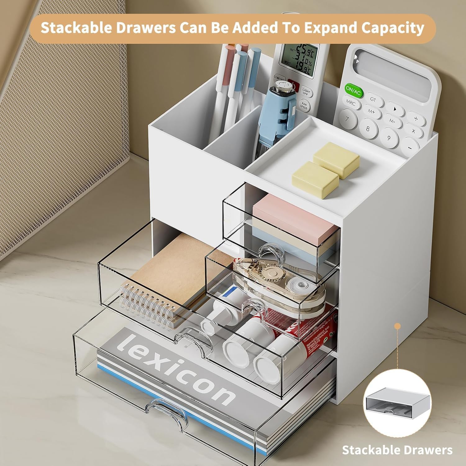 UCRAVO Multifunction Desk Organzier with Drawers, Cosmetic/Makeup Vanity Organizer Box, 3 Drawers Plastic Stationary Storage Organzier, Desktop Storage Drawers for Office Supplies,School,Home (White)