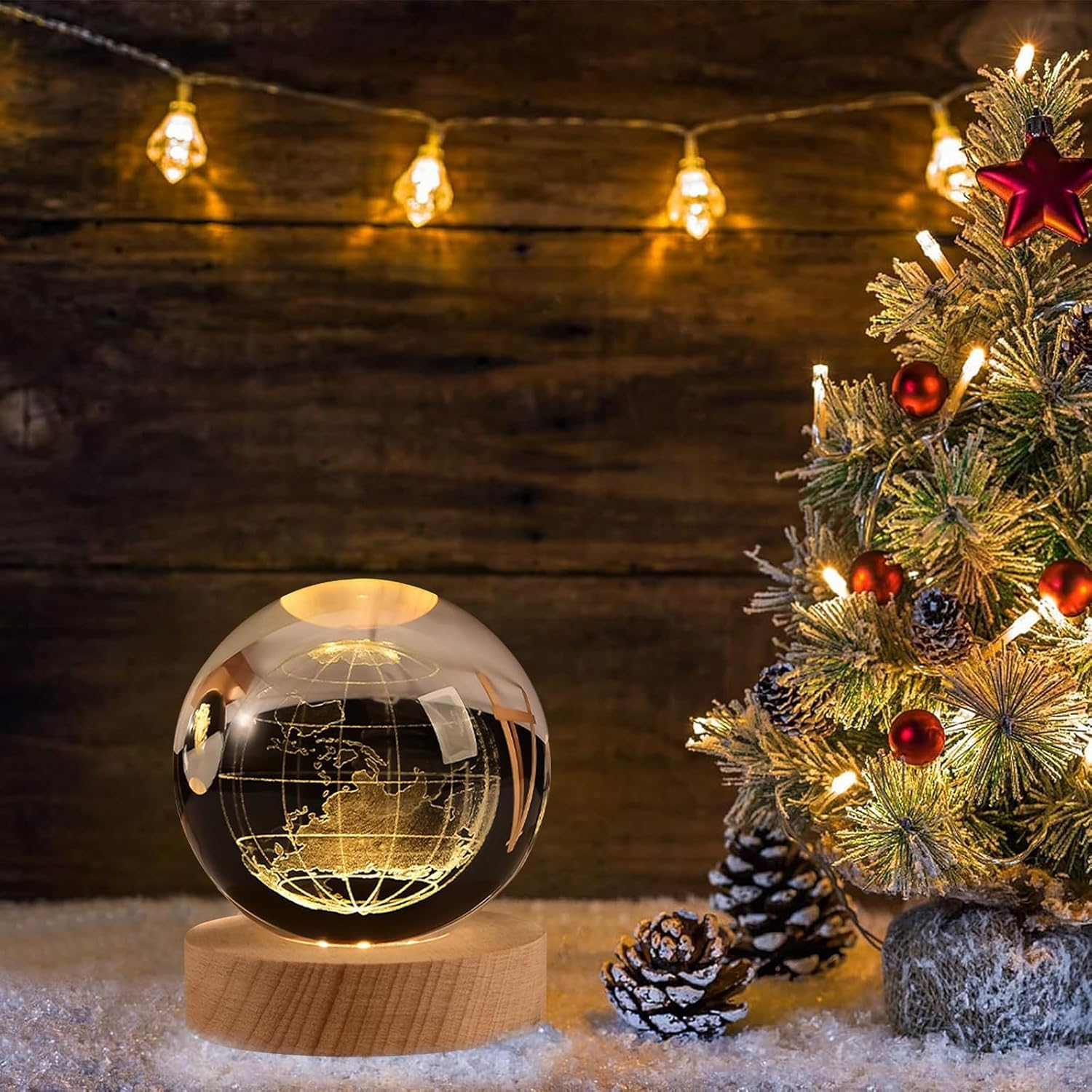 UCRAVO 3D Earth Crystal Ball Night Light Glass Ball Night Lamp with Wooden Base Fantasy Decoration Crsytal Ball LED Galaxy Planet Nightlight Bedroom Decor for Multipurpose Warm White Light(Globe)