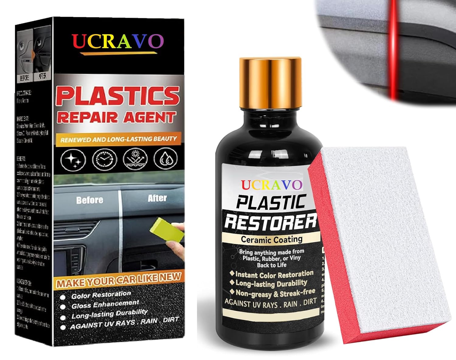 UCRAVO Pack of 1 Plastic Restorer for Cars, Lasting Auto Restoring Liquid, Car Interior Plastic Scratch Repair for Prevents Drying Aging, Qucik Hydrophobic Ceramic Trim Coating Kit