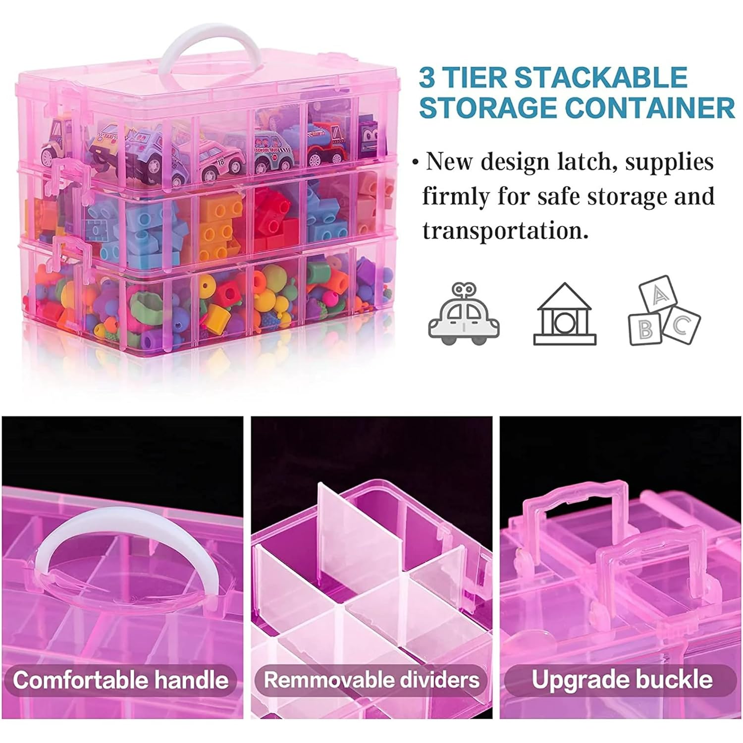 UCRAVO PINK 3-Tier Stackable Storage Container Box with 30 Adjustable Compartments, Plastic Organizer Box Transparent Storage Case for Kids Toys, Art Crafts, Jewelry, Supplies, Fuse Beads, Washi Tapes