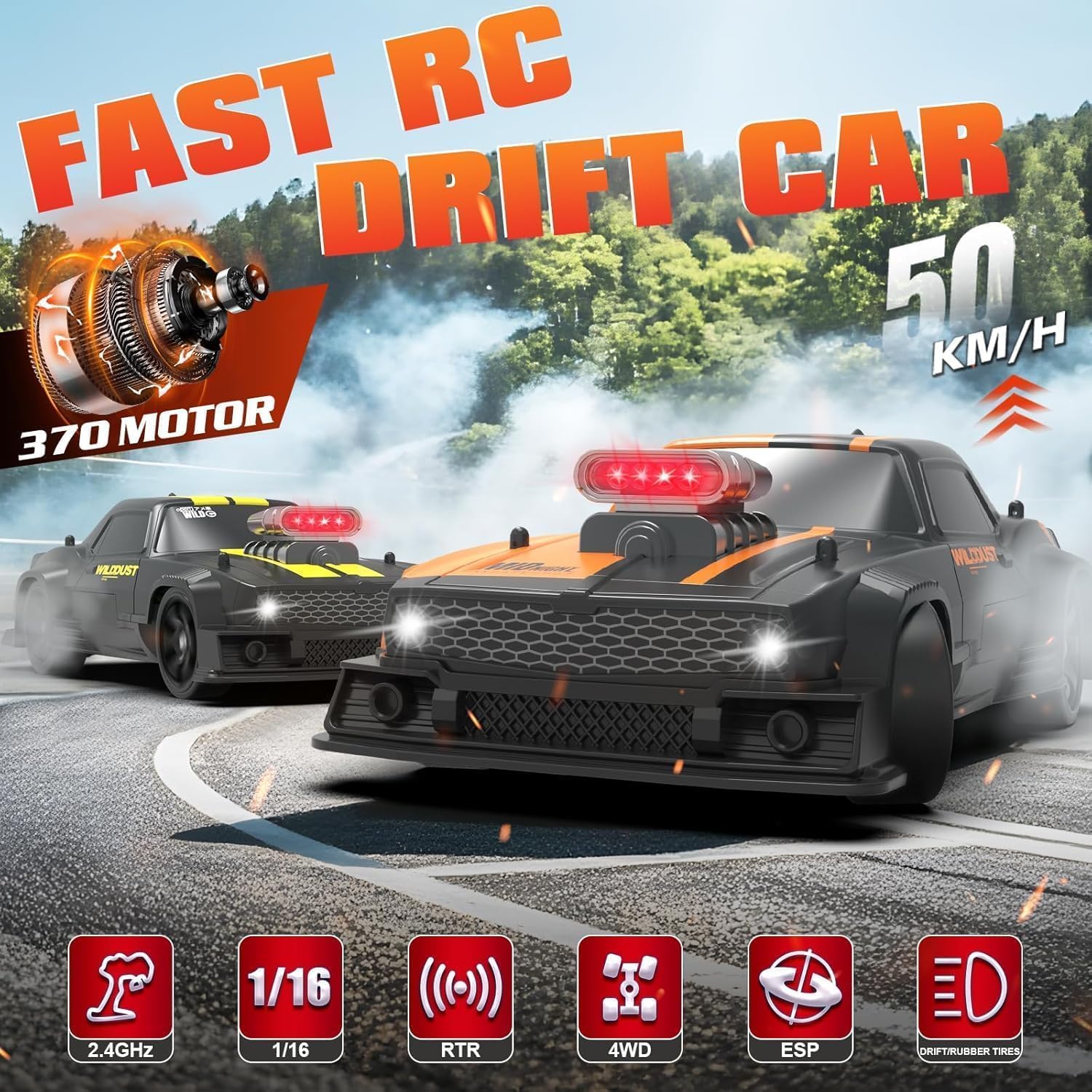 UCRAVO RC Racing Drift Car 1/16 Scale 4X4 High Speed 50+ MPH Remote Control Car with LED Lights, Rechargeable Battery, Off Road RC Buggy Electric Vehicle Model Toy for Kids Boys Girls Adults