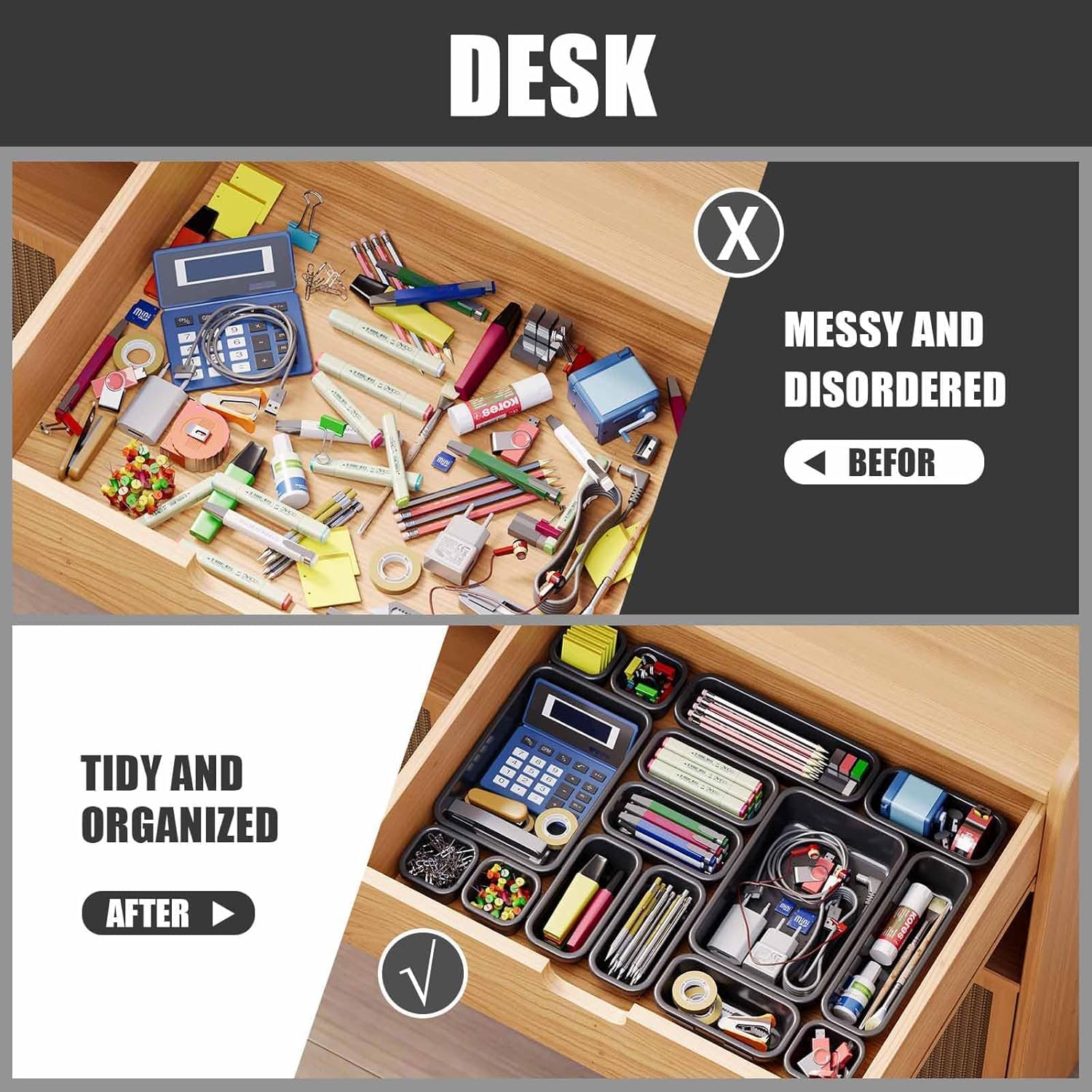 UCRAVO 16 PCS Black Desk Drawer Organizer Set for Office,Home,Kitchen & Makeup Multi-Size Plastic Drawer Dividers for Stationery,Cosmetics,Utensils Storage Trays for Neat, Tidy & Clutter-Free Drawers