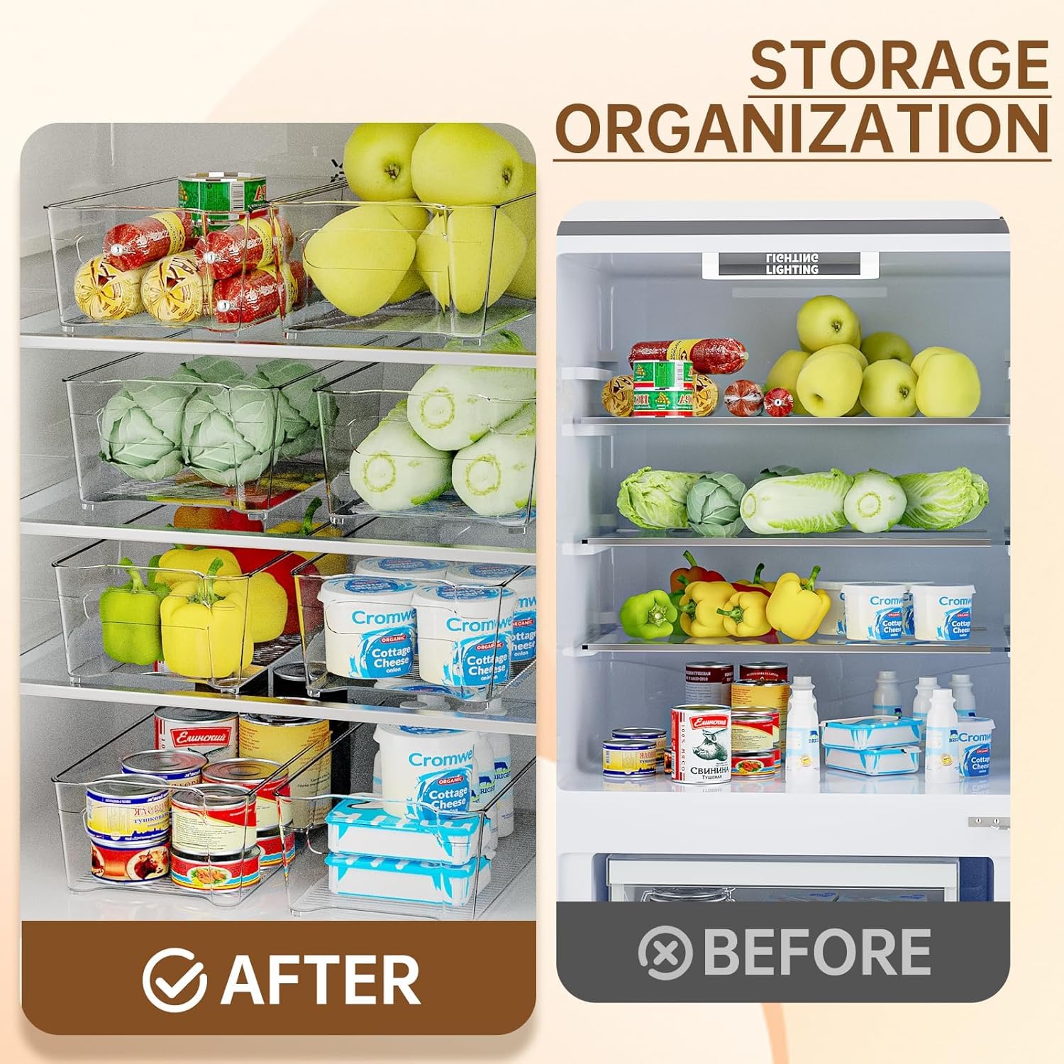 UCRAVO Refrigerator Storage Bins for Kitchen Organization 4 Clear Plastic Fridge Basket with Easy Grip Handle Multipurpose Stackable Pantry Containers for Vegetables, Fruits, Packets & Food Items