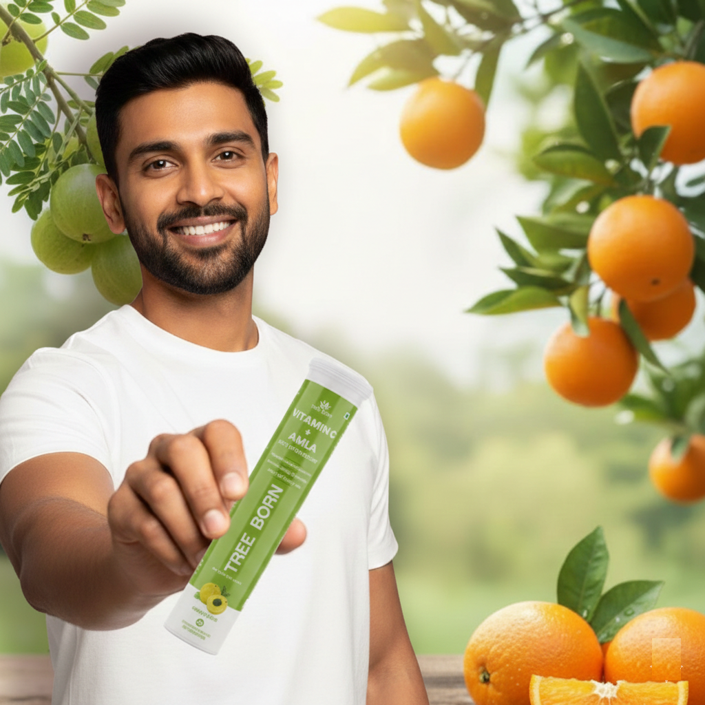 TREE BORN Vitamin C - Amla Extract + Zinc for Immunity | Helps to Boost Collagen for Healthy Skin, Hair &amp; Nails | Orange Flavour- Pack of 2 (40 tablets)