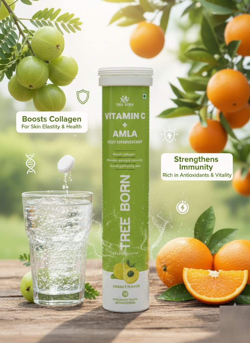 TREE BORN Vitamin C - Amla Extract + Zinc for Immunity | Helps to Boost Collagen for Healthy Skin, Hair &amp; Nails | Orange Flavour- Pack of 2 (40 tablets)