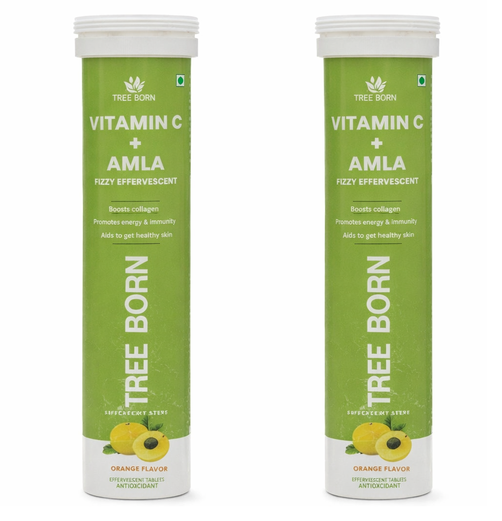 TREE BORN Vitamin C - Amla Extract + Zinc for Immunity | Helps to Boost Collagen for Healthy Skin, Hair &amp; Nails | Orange Flavour- Pack of 2 (40 tablets)