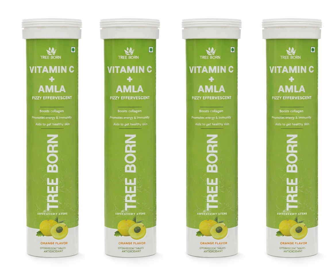 TREE BORN Vitamin C - Amla Extract + Zinc for Immunity | Helps to Boost Collagen for Healthy Skin, Hair &amp; Nails | Orange Flavour- Pack of 4 (80 tablets)