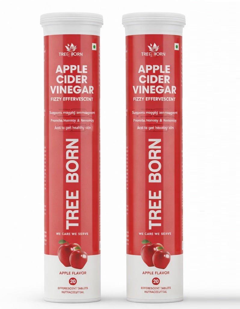 TREE BORN Apple Cider Vinegar Effervescent Tablet with mother | Supports Metabolism &amp; Appetite Control I With 500mg ACV, Vit B6 &amp; B12 I No Maltodextrin, No Added Sugar I Pack of 2 (40 tablets)