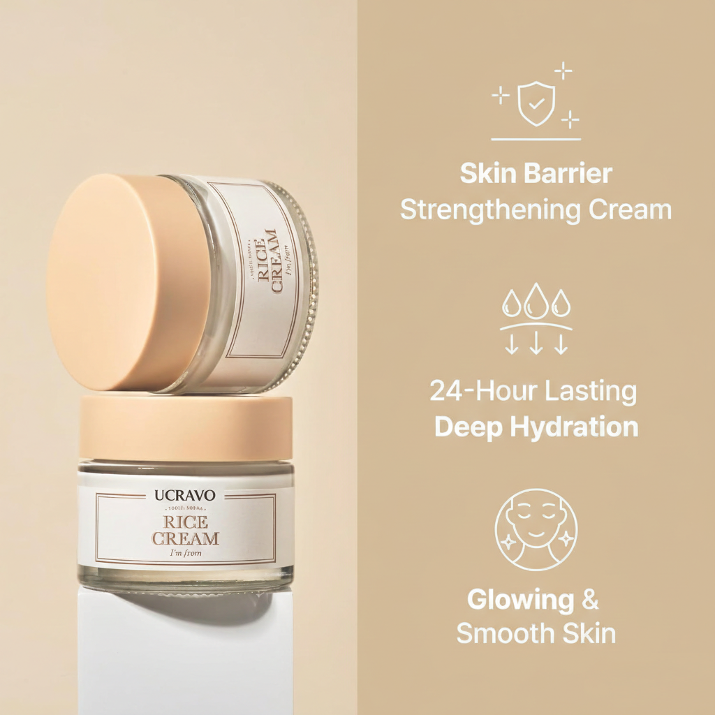 UCRAVO Rice Cream 1.76 Ounce, Rice Bran Essence with Ceramide, Glowing Look, Improves Moisture Skin Barrier, Deep Nourishment, Smooths and Evens Skin Tone, K-Beauty