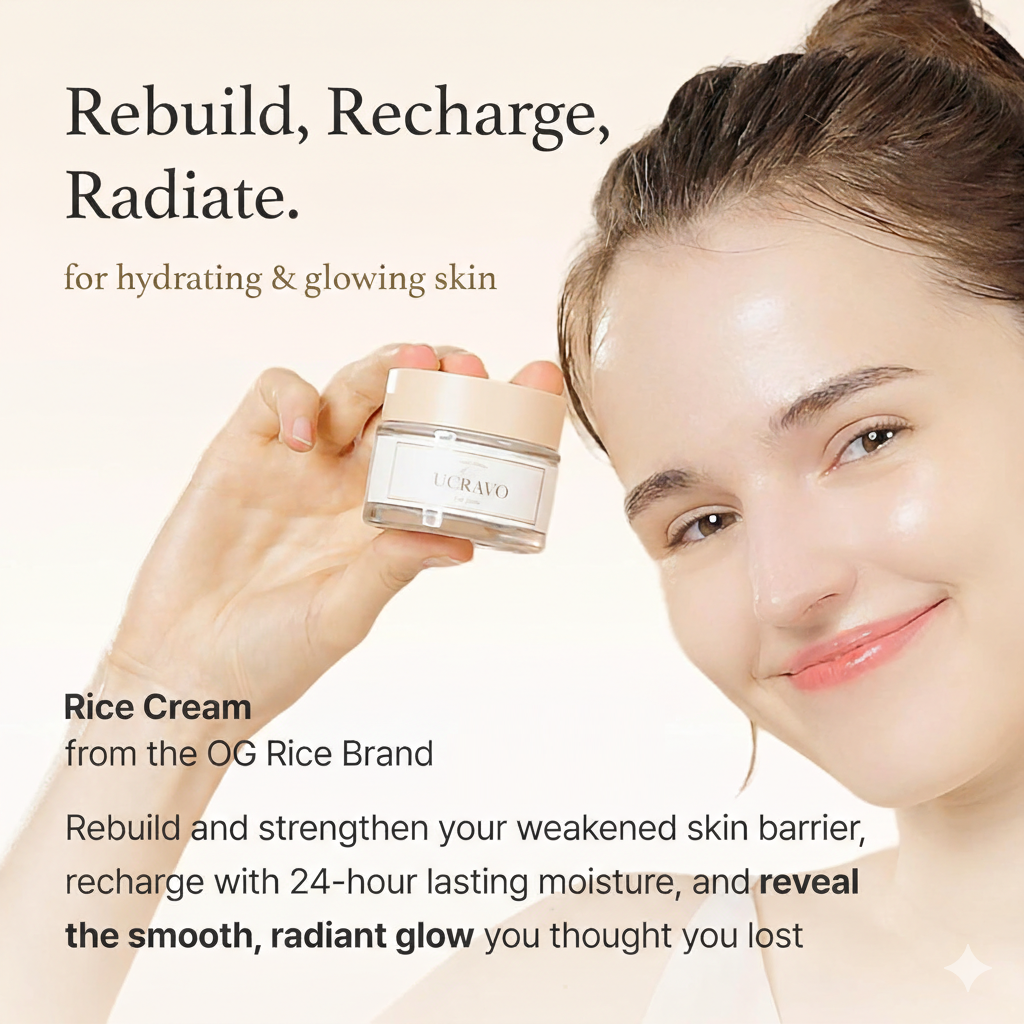 UCRAVO Rice Cream 1.76 Ounce, Rice Bran Essence with Ceramide, Glowing Look, Improves Moisture Skin Barrier, Deep Nourishment, Smooths and Evens Skin Tone, K-Beauty