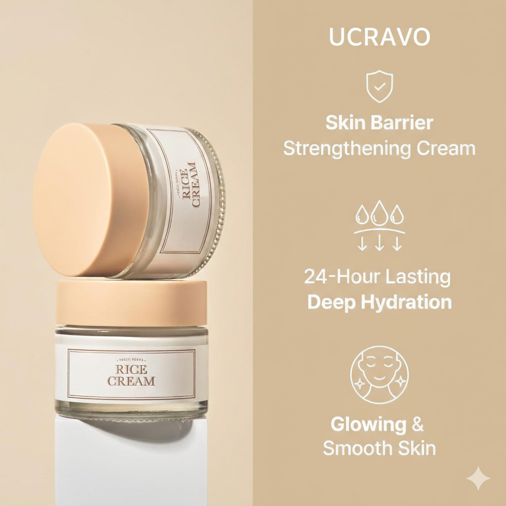 UCRAVO Rice Cream 1.76 Ounce, Rice Bran Essence with Ceramide, Glowing Look, Improves Moisture Skin Barrier, Deep Nourishment, Smooths and Evens Skin Tone, K-Beauty