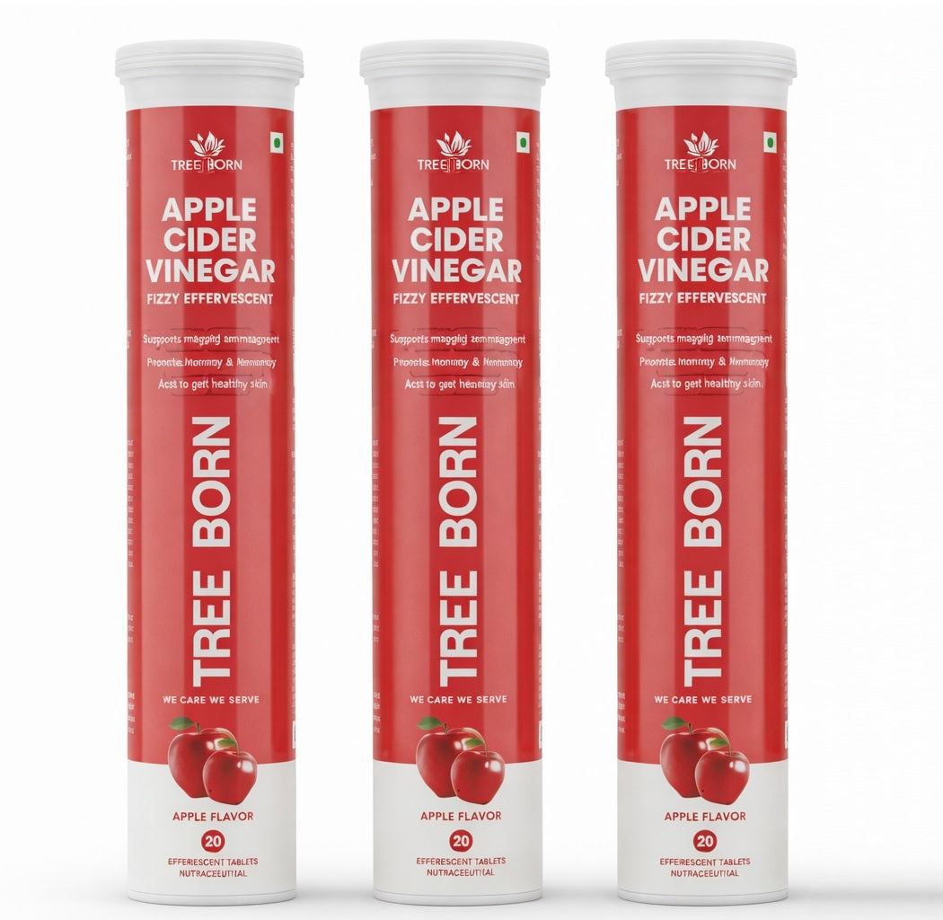 TREE BORN Apple Cider Vinegar Effervescent Tablet with mother | Supports Metabolism &amp; Appetite Control I With 500mg ACV, Vit B6 &amp; B12 I No Maltodextrin, No Added Sugar I Pack of 3 (60 tablets)