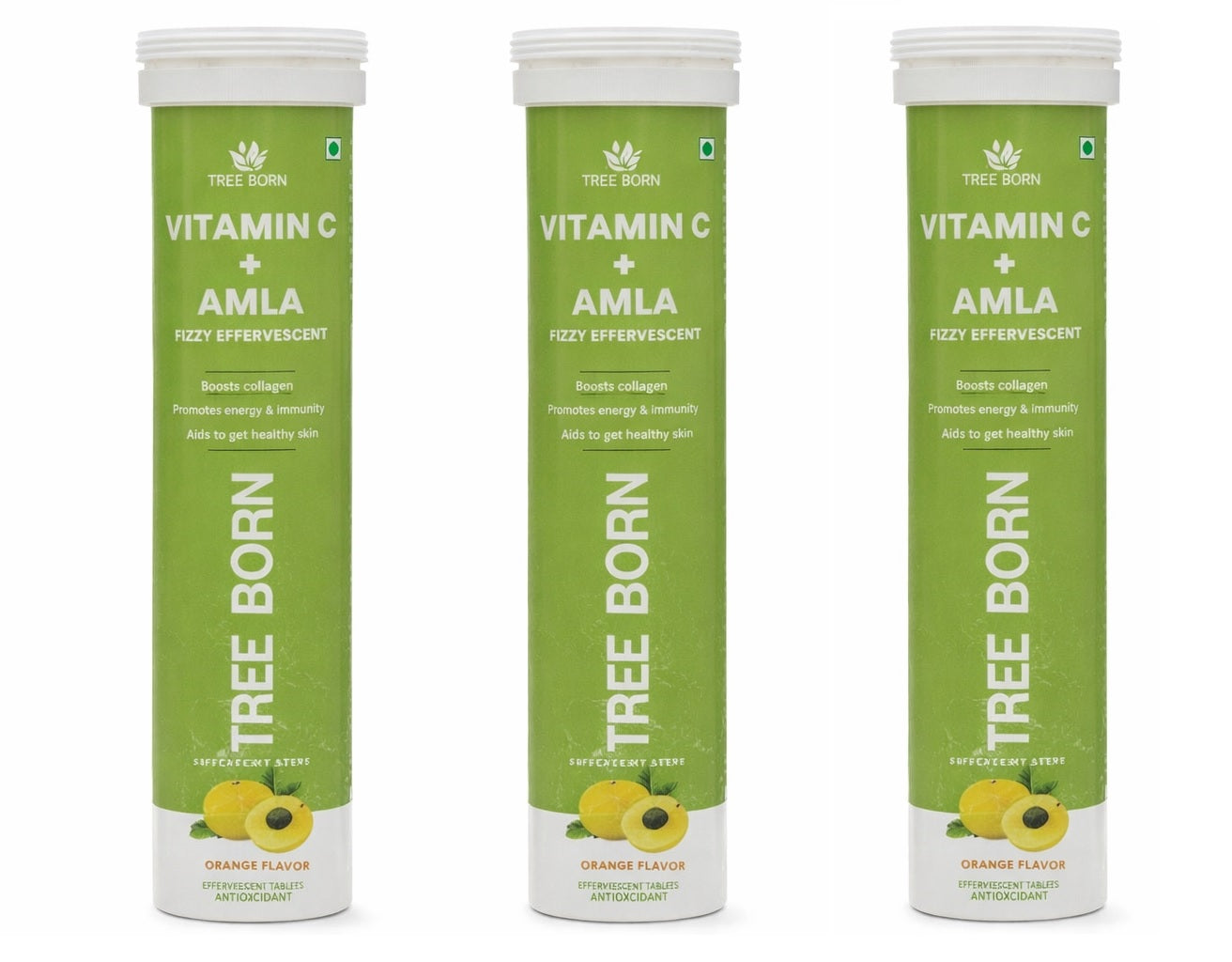 TREE BORN Vitamin C - Amla Extract + Zinc for Immunity | Helps to Boost Collagen for Healthy Skin, Hair &amp; Nails | Orange Flavour- Pack of 3 (60 tablets)