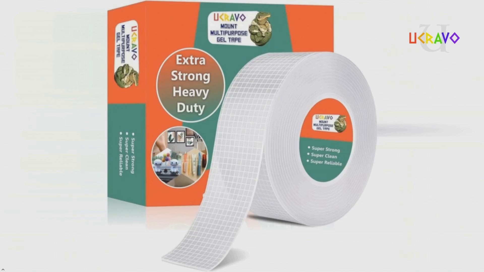 Load video: UCRAVO Gen.2 Extra Heavy Duty Double Sided Grid Grip Tape 3 Meter Reusable Multipurpose Adhesive Strip |Transparent, Removable, Washable, Traceless Wall Mounting Tape Strong Sticky Silicone Grip Tape