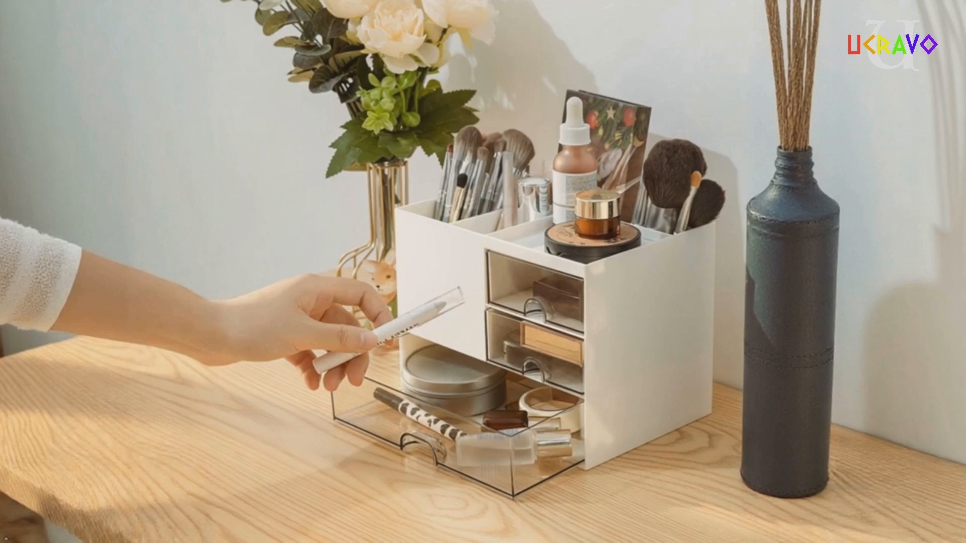 Load video: UCRAVO Pink Desk Organizer with Drawers for Office, Study Table, Home Multi-Functional Table Organizer for Stationery, Pens, Markers, Sticky Notes, Files Desktop Storage Box for Students &amp; Office Use