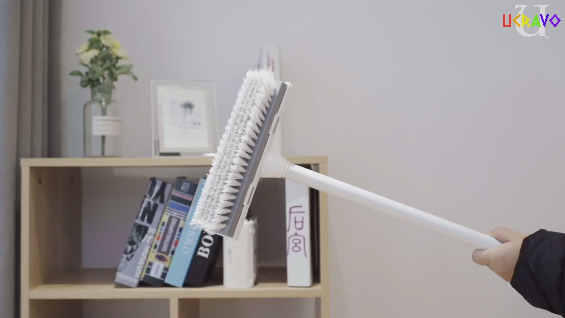 Load video: UCRAVO 1pc, Floor Scrub Brush with Long Handle, 2 in 1 Scrape and Brush, Tub and Tile for Cleaning Bathroom, Patio, Kitchen, Wall,Supplies, Bathroom Cleaning with Wiper