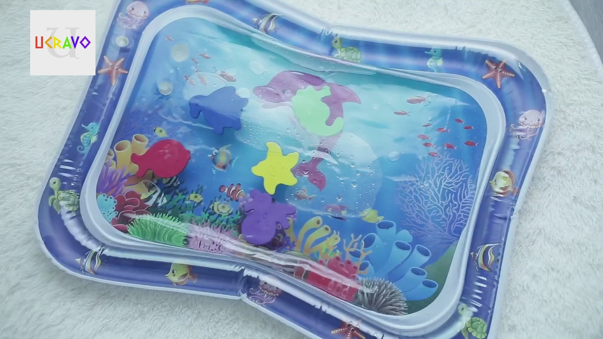 Load video: UCRAVO Tummy Time Water Play Mat for Babies &amp; Infants Inflatable Sensory Learning Toy Leakproof Aqua Pad for Newborn 3-12 Months Activity Play Center for Baby Development Best Gift for New Parents